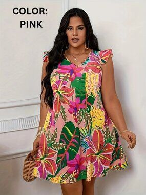 Plus Size Summer Vacation Dress for Women Casual Floral Print V Neck